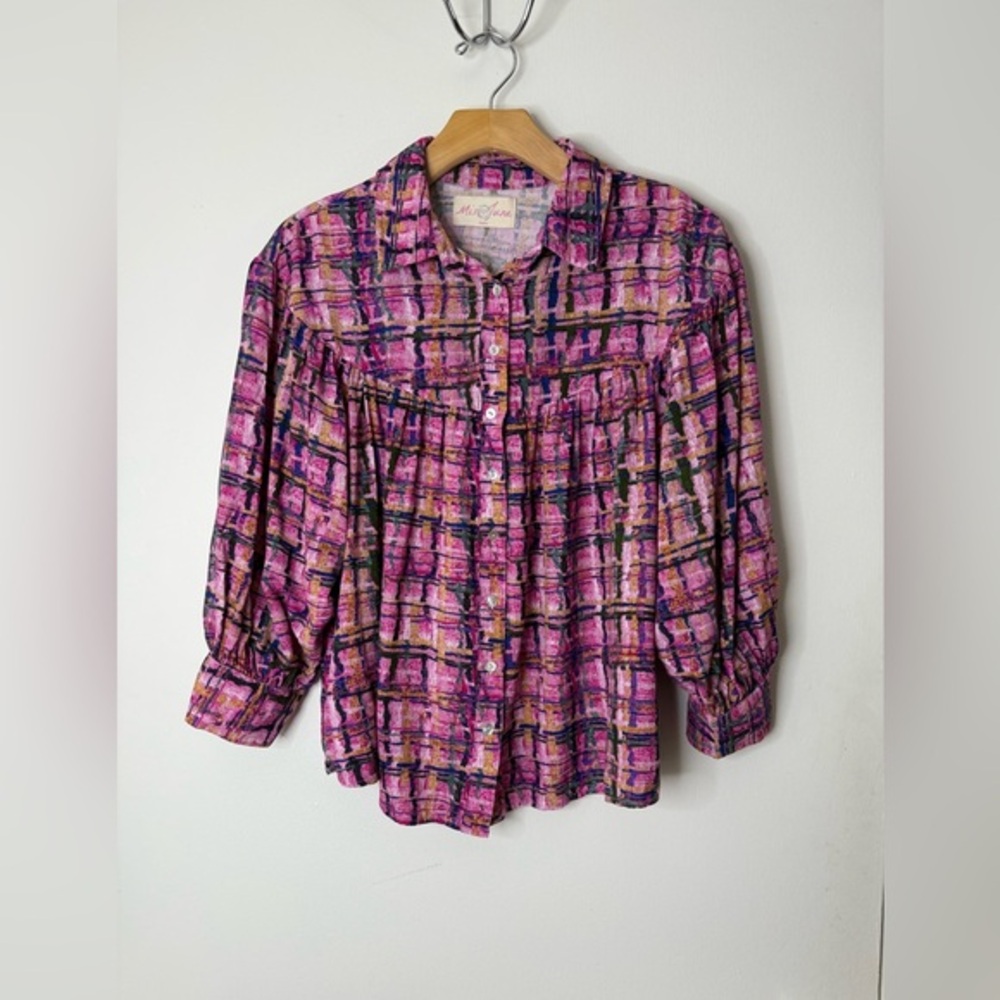 Miss June Paris pink multi-color abstract print button down 3/4 sleeve blouse M